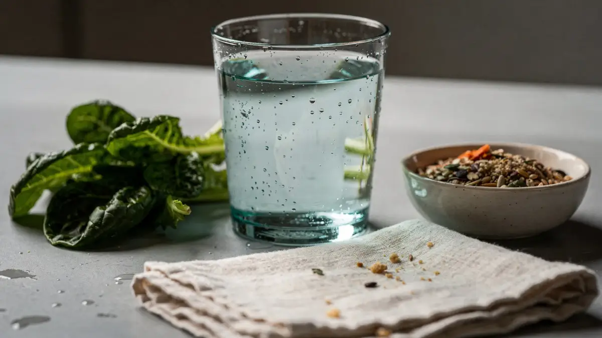 כוס מים, עלים ירוקים וזרעים על מפית בד